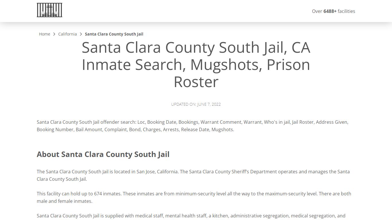 Santa Clara County South Jail, CA Inmate Search, Mugshots ...